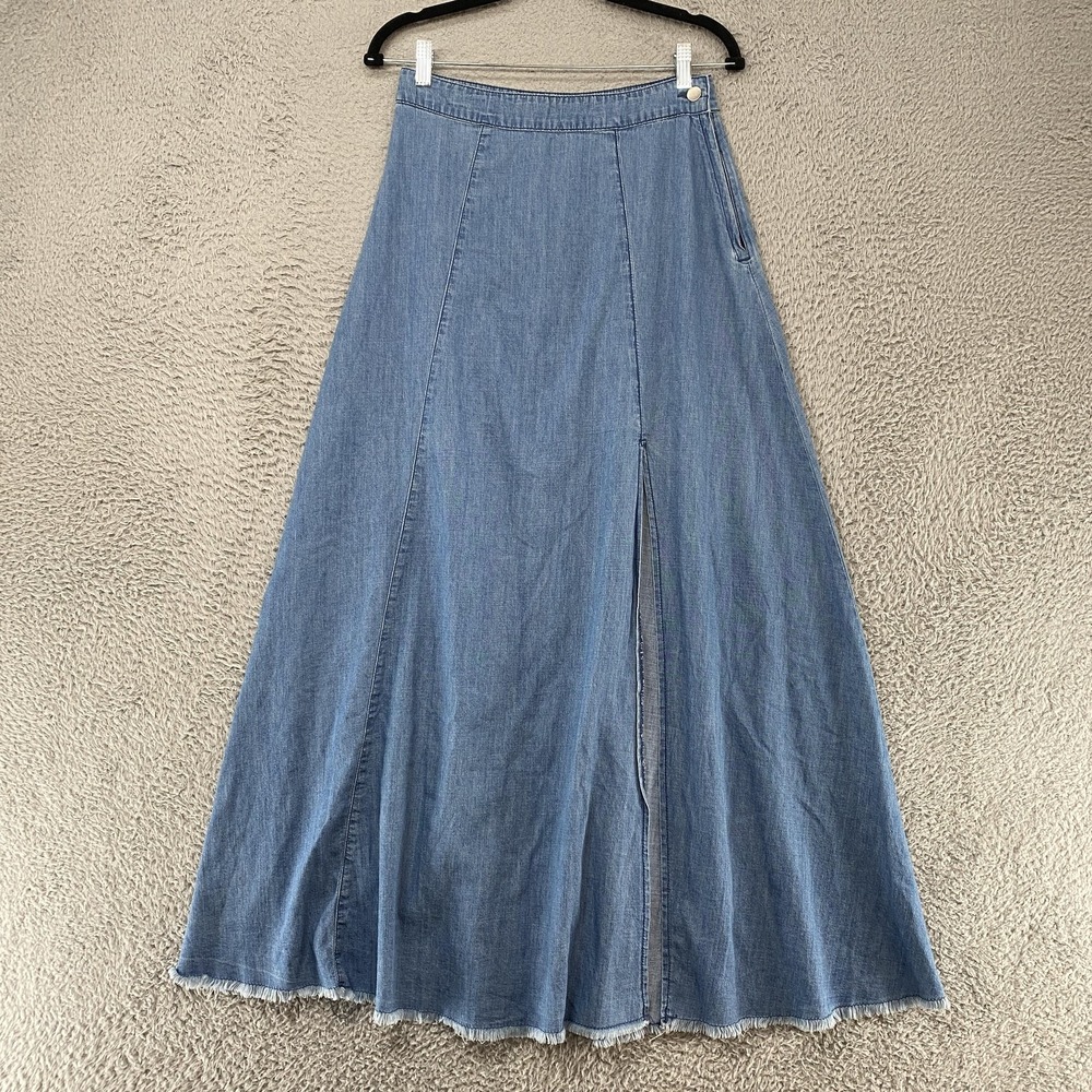 Poison Mushroom Denim Maxi Skirt Womens Medium Frayed Hem Slit Chambray A-Line
